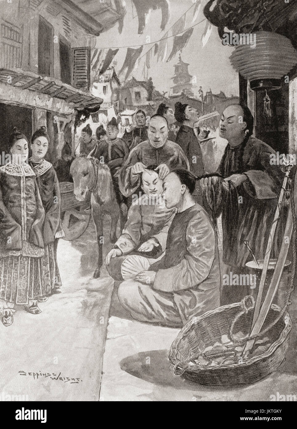 La introduzione della spiralina o una coda, un maschio specificamente acconciatura indossati dai mancesi persone dalla Manciuria centrale e poi imposto il cinese Han durante la Dinastia Qing. L'acconciatura era obbligatorio per tutti i maschi e le penalità per non conformità è stata l'esecuzione per tradimento. Da Hutchinson nella storia delle nazioni, pubblicato 1915. Foto Stock