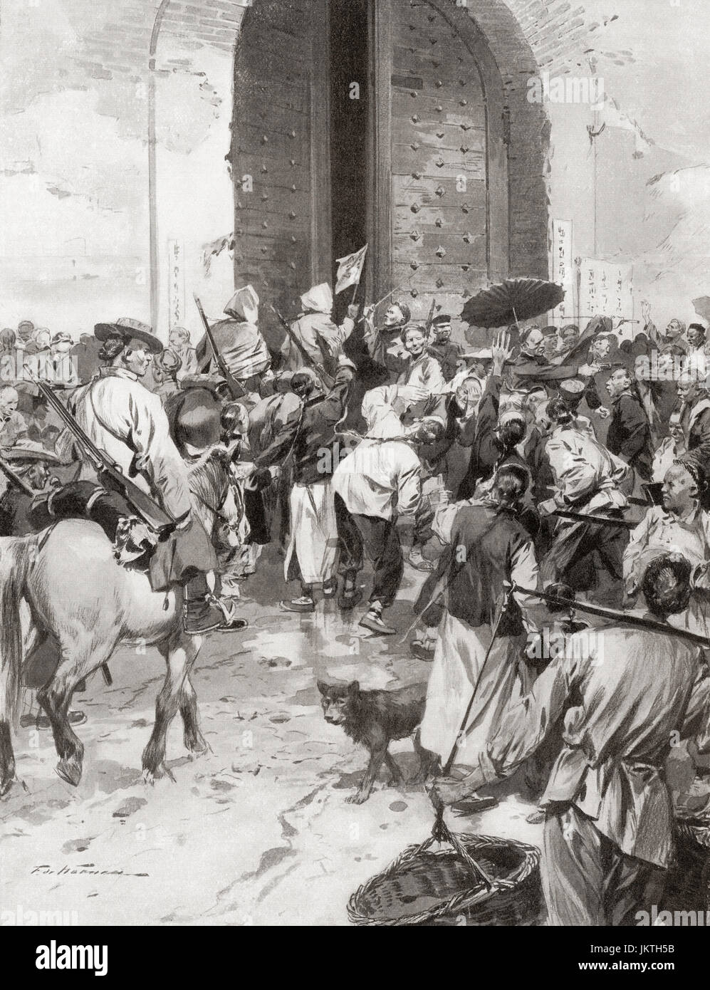 Una parte dei cinesi con permessi speciali lasciando Nanchino sotto la supervisione del Capitano del cancello durante la Rivoluzione Xinhai aka rivoluzione cinese o la rivoluzione del 1911. Una rivoluzione che rovesciò della Cina di ultima dinastia imperiale (la dinastia Qing), e stabilita la Repubblica di Cina. Da Hutchinson nella storia delle nazioni, pubblicato 1915. Foto Stock