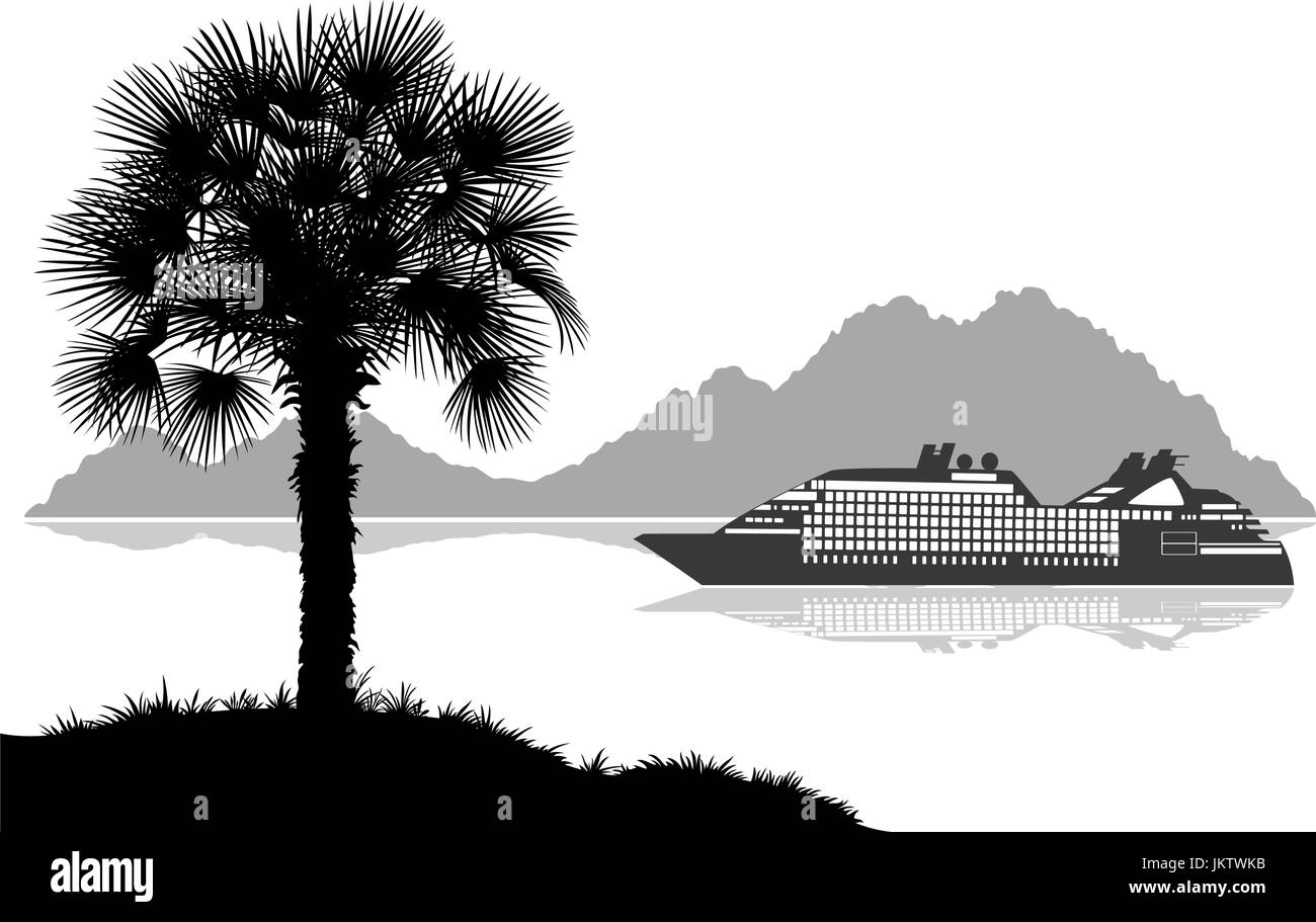 Paesaggio con nave, palme e montagne Illustrazione Vettoriale