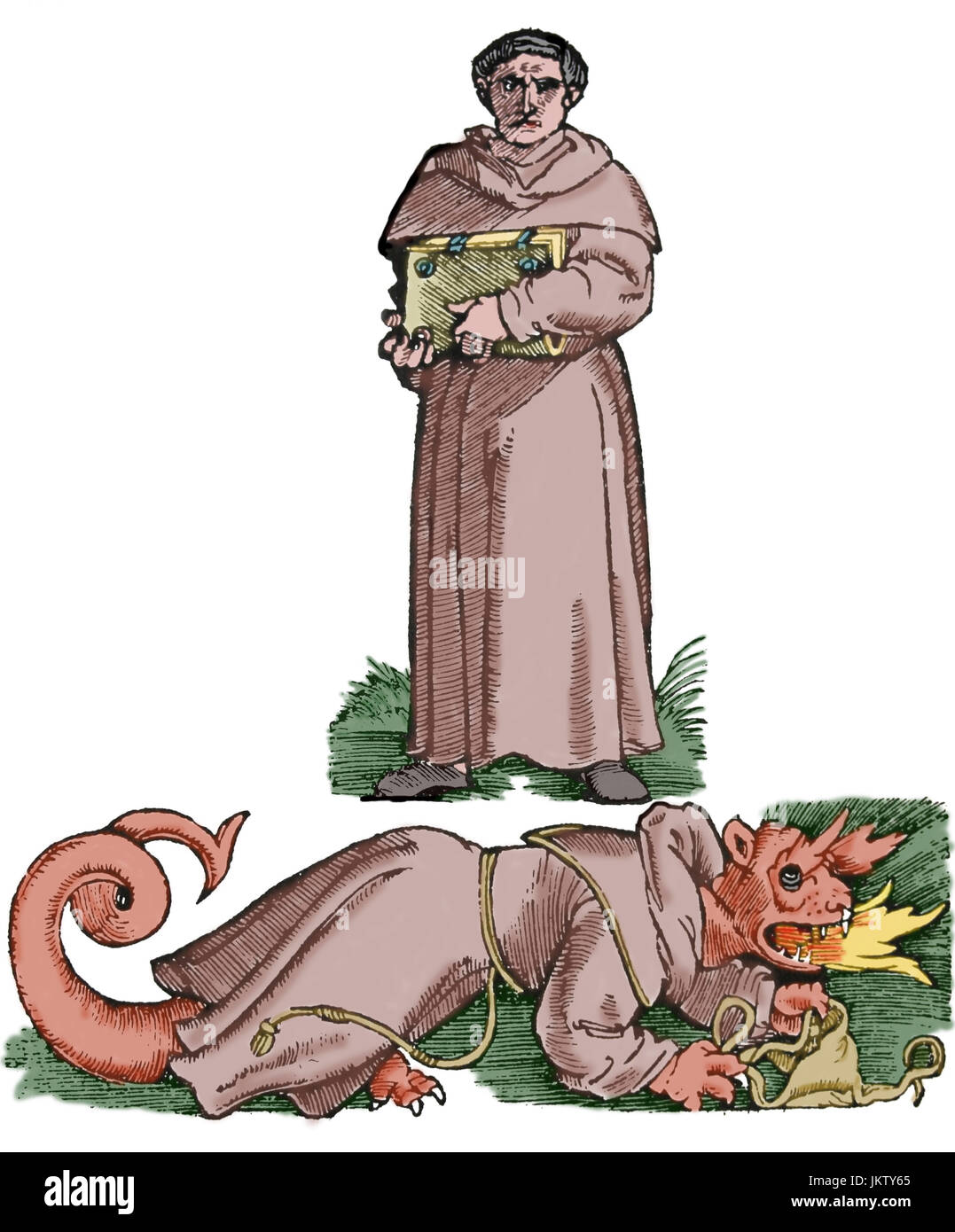 Martin Lutero di trionfo oltre il monaco diavolo. Da Matheus Gnidius' Dialogi, Germania, 1521. Foto Stock