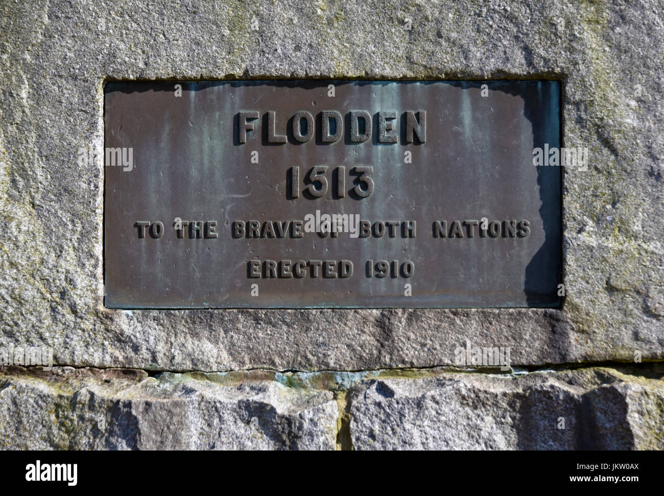 Targa sul monumento Flodden. Branxton, Northumberland, England, Regno Unito, Europa. Foto Stock