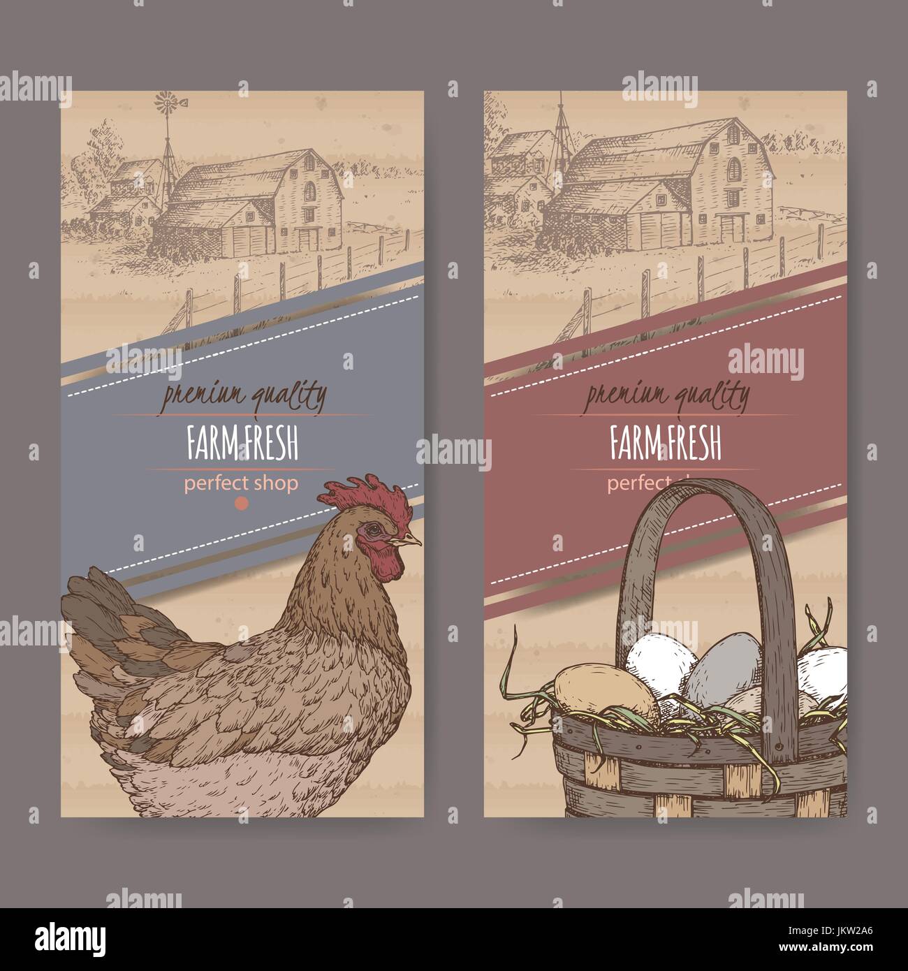 Due etichette con casa colonica, colore il pollo e le uova sulla consistenza del cartone. Illustrazione Vettoriale