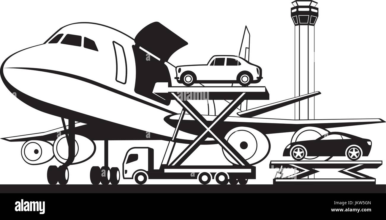Caricamento di vetture in aereo cargo - illustrazione vettoriale Illustrazione Vettoriale