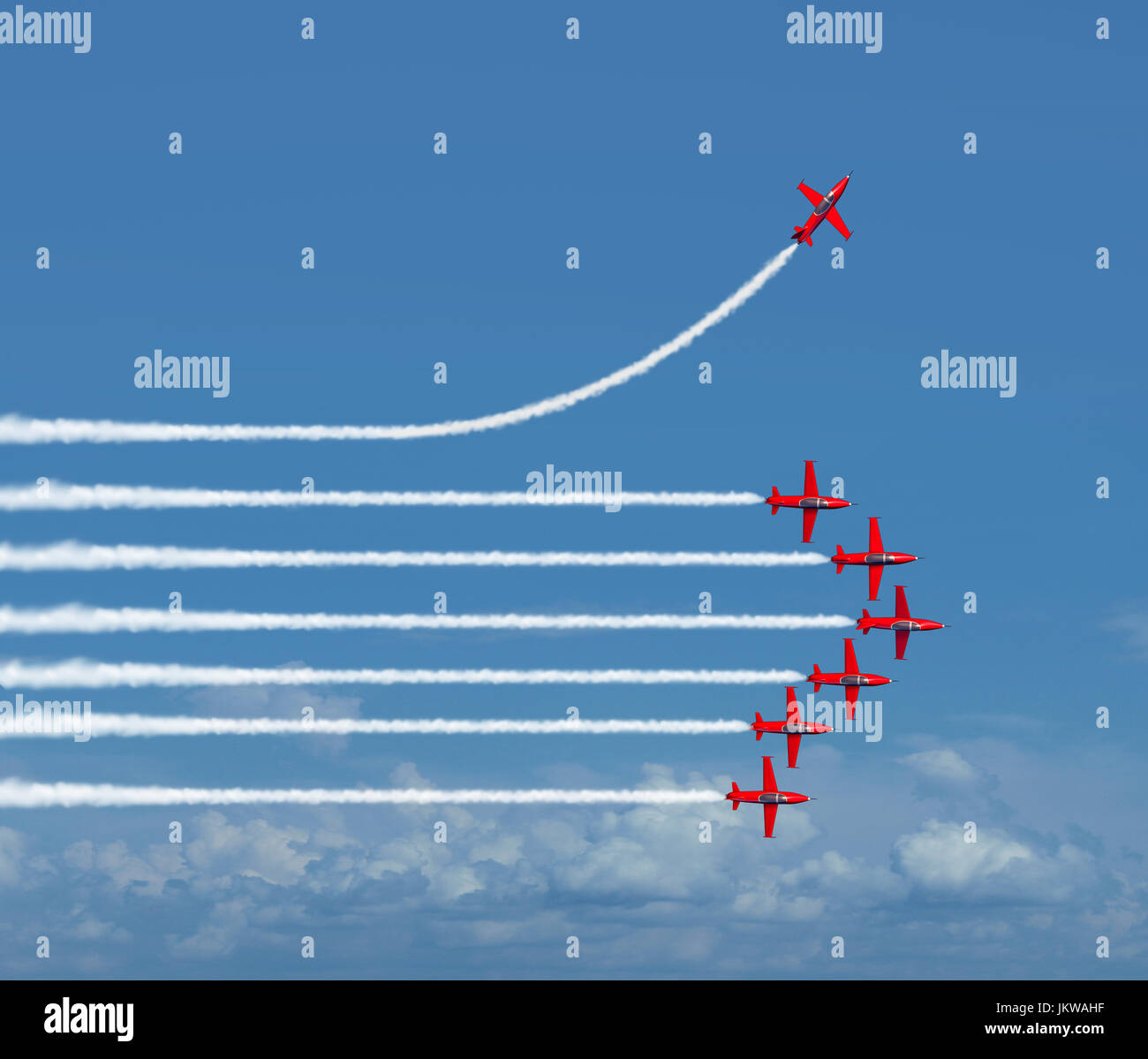 Inserimento di dati in un percorso diverso concetto di business come un indipendente libero pensatore idea con air show aerei a reazione in un sistema organizzato di formazione. Foto Stock