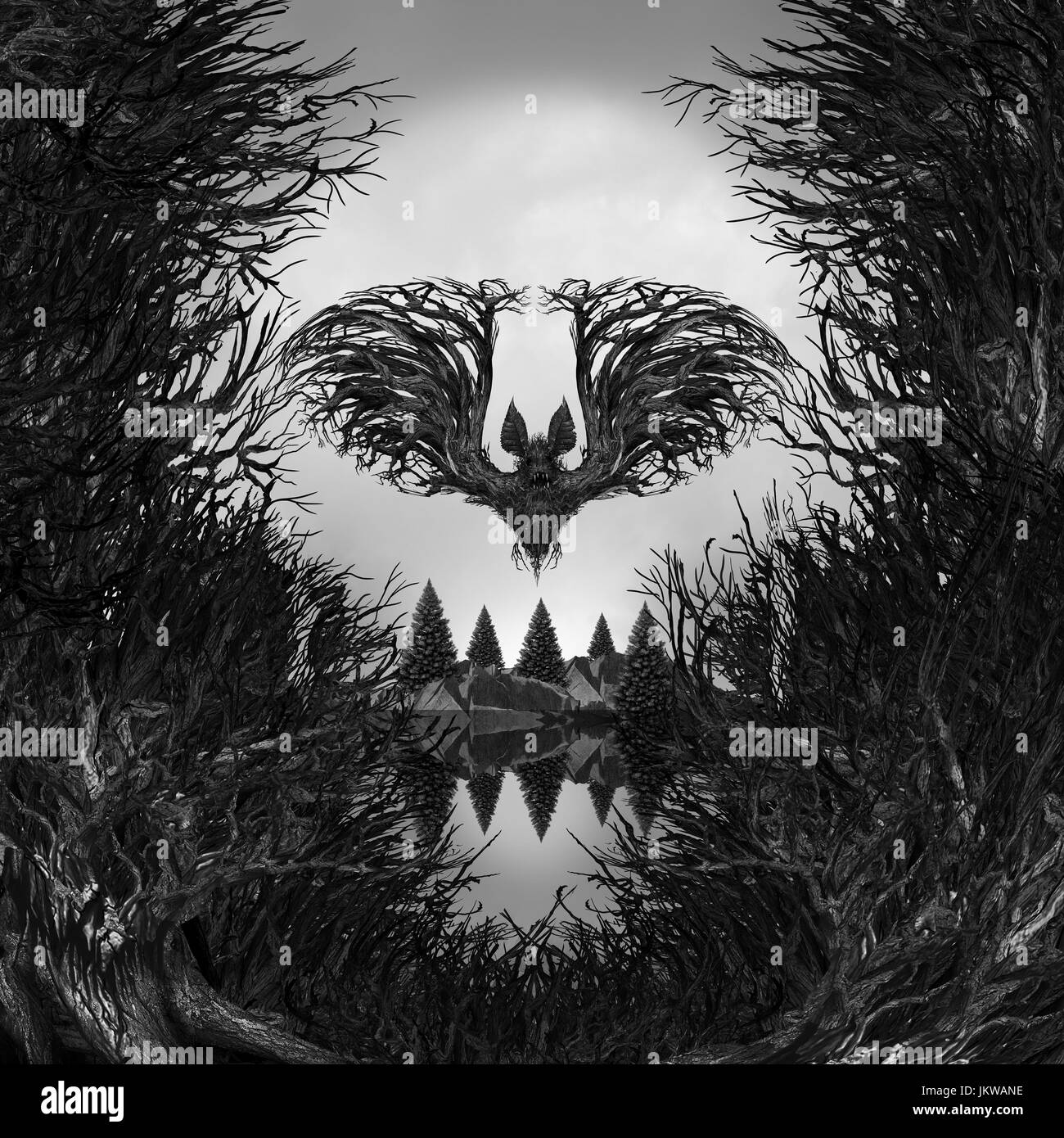 Scary cranio come sfondo una surreale haunted foresta con gli alberi morti e a forma di montagna come un posseduto testa di scheletro. Foto Stock