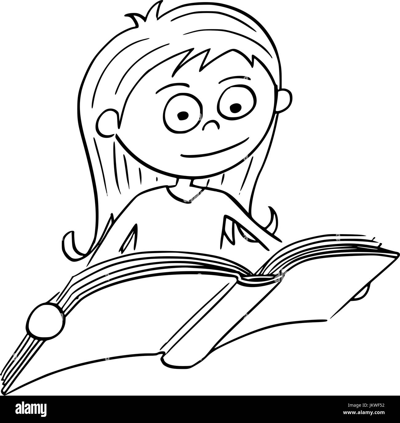 Disegno a mano cartoon illustrazione vettoriale di una ragazza la lettura di un libro. Illustrazione Vettoriale