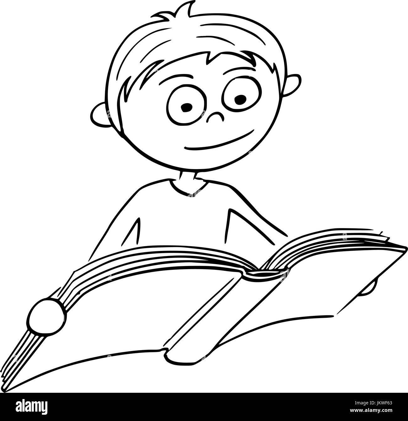 Disegno a mano cartoon illustrazione vettoriale di boy la lettura di un libro. Illustrazione Vettoriale