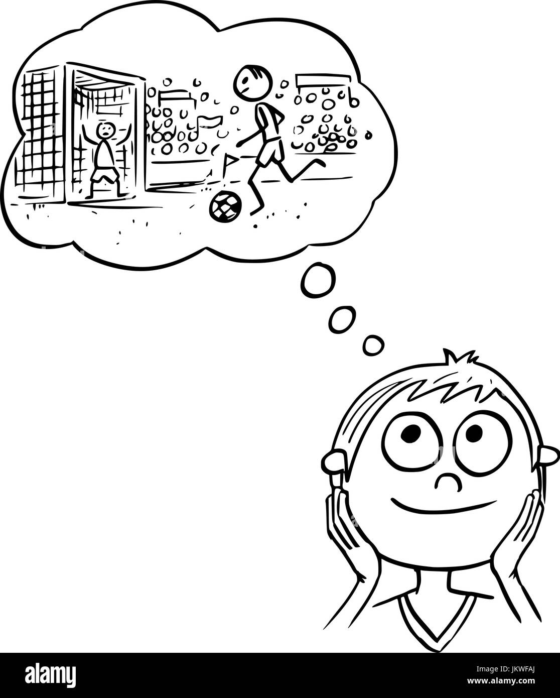 Disegno a mano cartoon illustrazione vettoriale di boy dreaming about football soccer la carriera di giocatore. Illustrazione Vettoriale