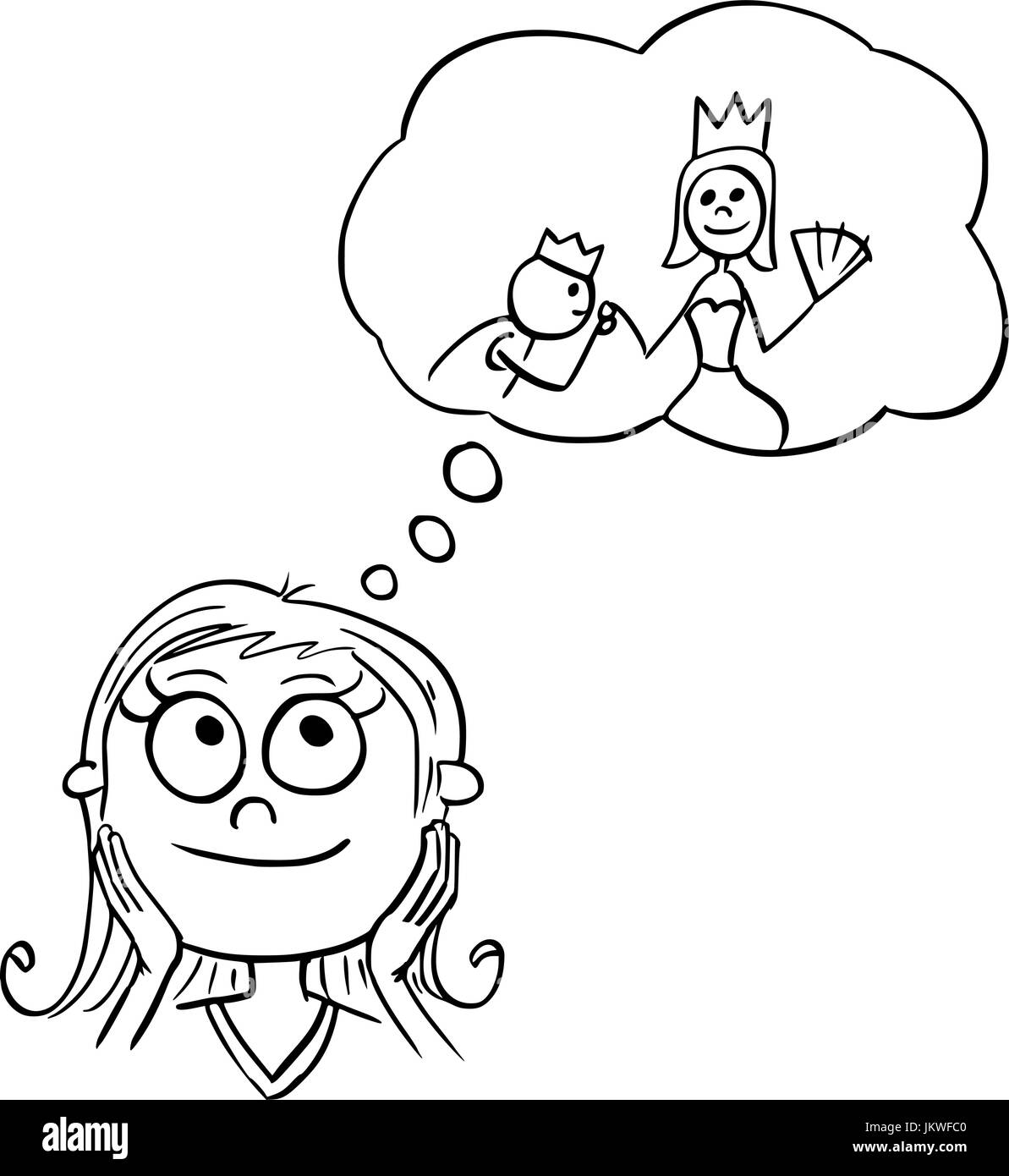 Disegno a mano cartoon illustrazione vettoriale di una ragazza sognare di vivere di fiaba princess. Illustrazione Vettoriale