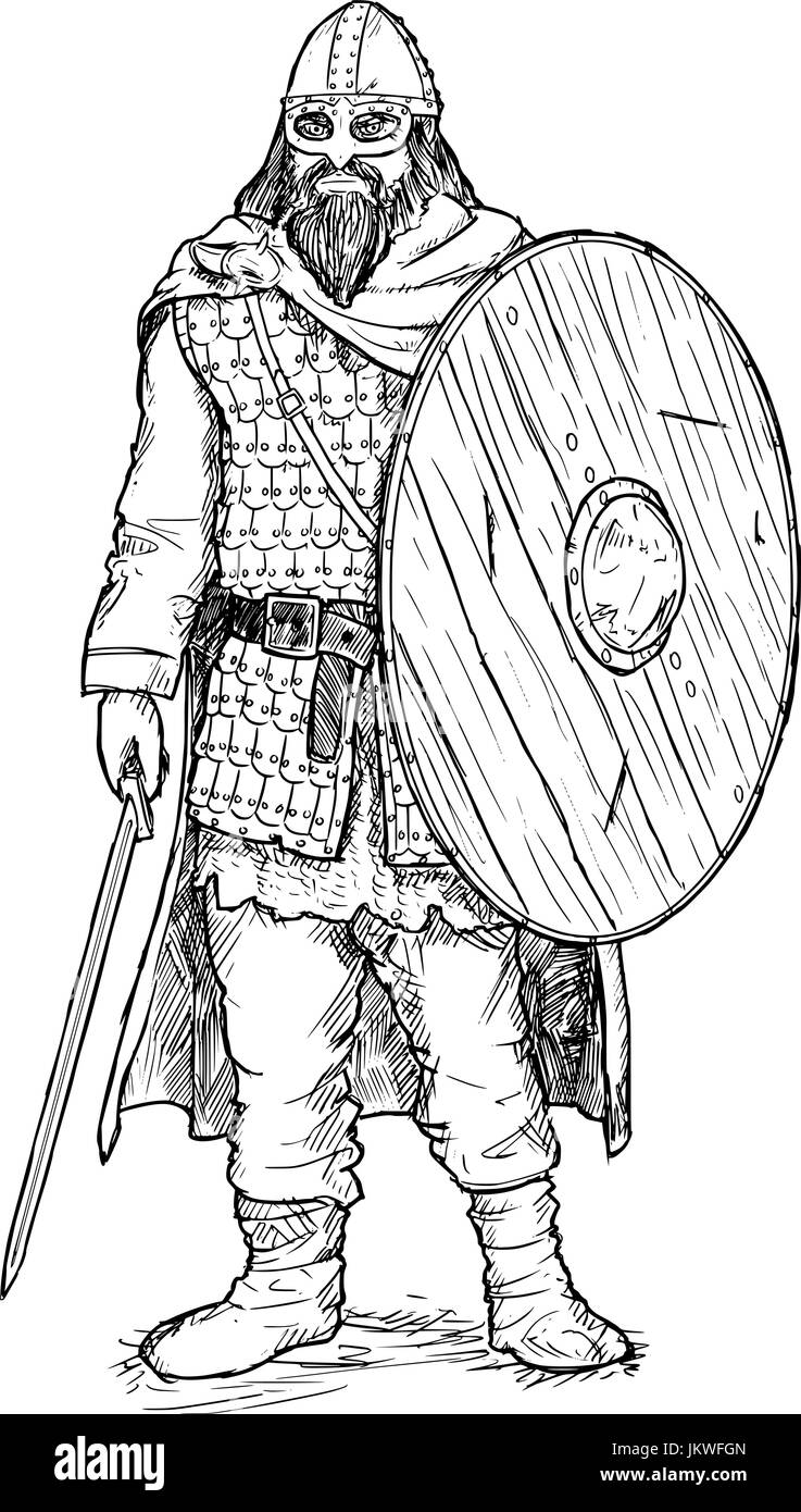 Disegno a mano penna e inchiostro illustrazione dell antico guerriero vichingo in scala mail armor con casco, spada e scudo. Illustrazione Vettoriale
