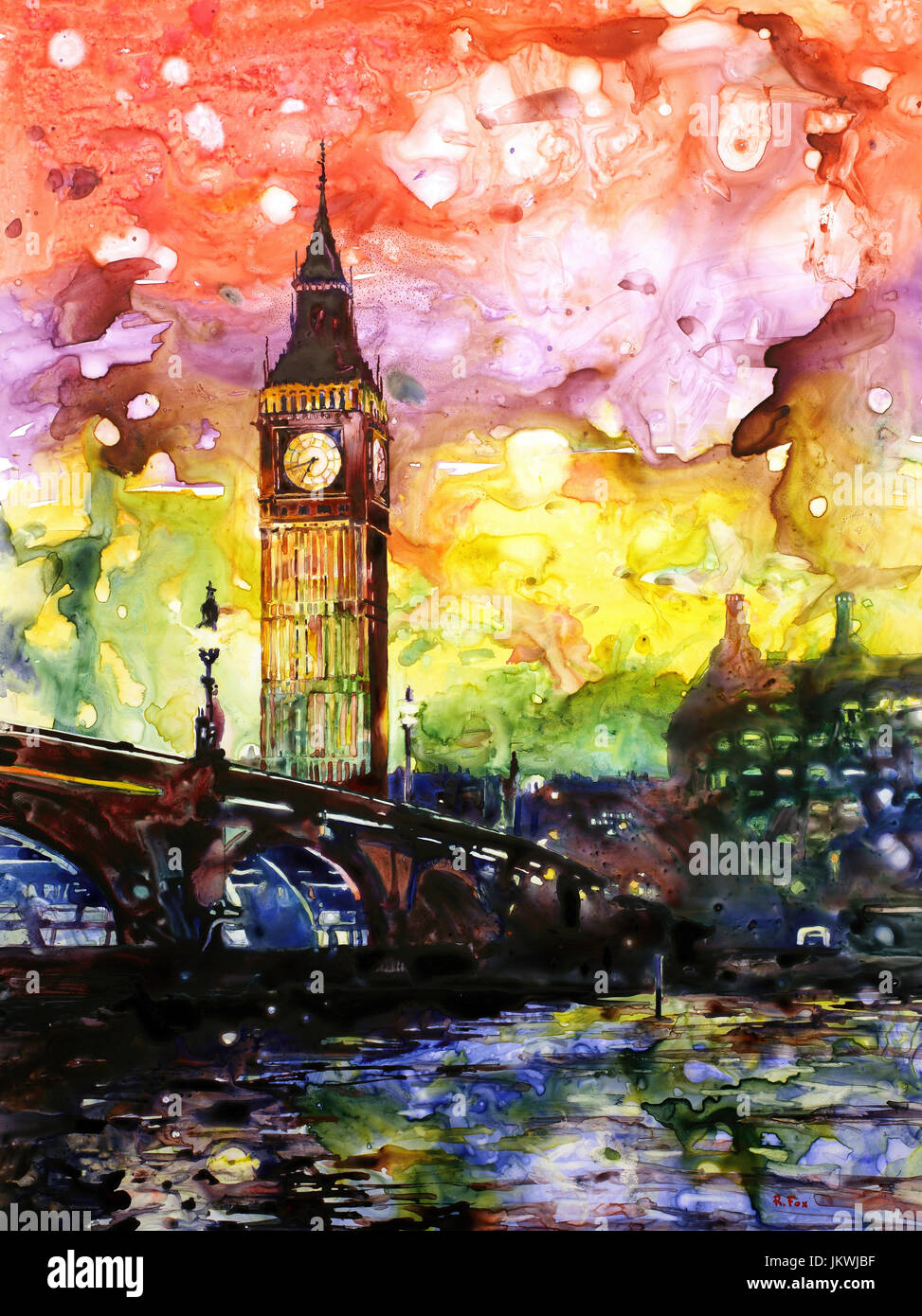Stampa artistica da parete con pittura a olio di Londra, Big Ben verde, Umbrealla, decorazione per la casa, 31 x 20 cm