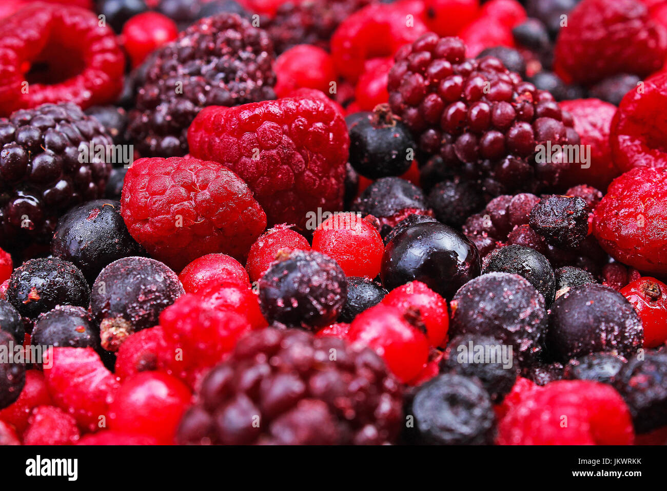 Di frutti di bosco misti congelati come sfondo. I mirtilli,lamponi bacche nere e ribes texture di gelso pattern. Foto Stock