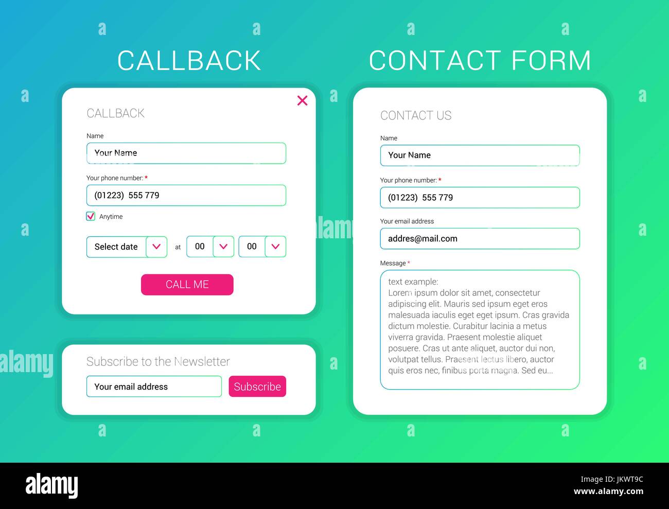 Gli elementi dell'interfaccia utente web Iscriviti Forma, modulo di contatto, sotto forma di callback design piatto Illustrazione Vettoriale