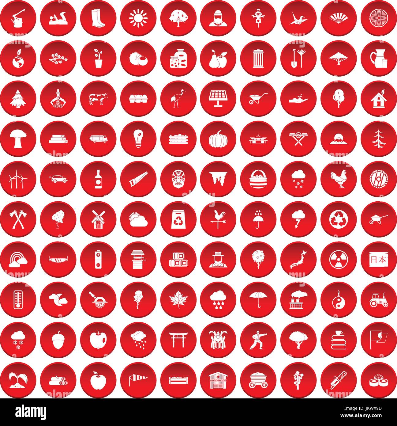 100 albero set di icone di colore rosso Illustrazione Vettoriale