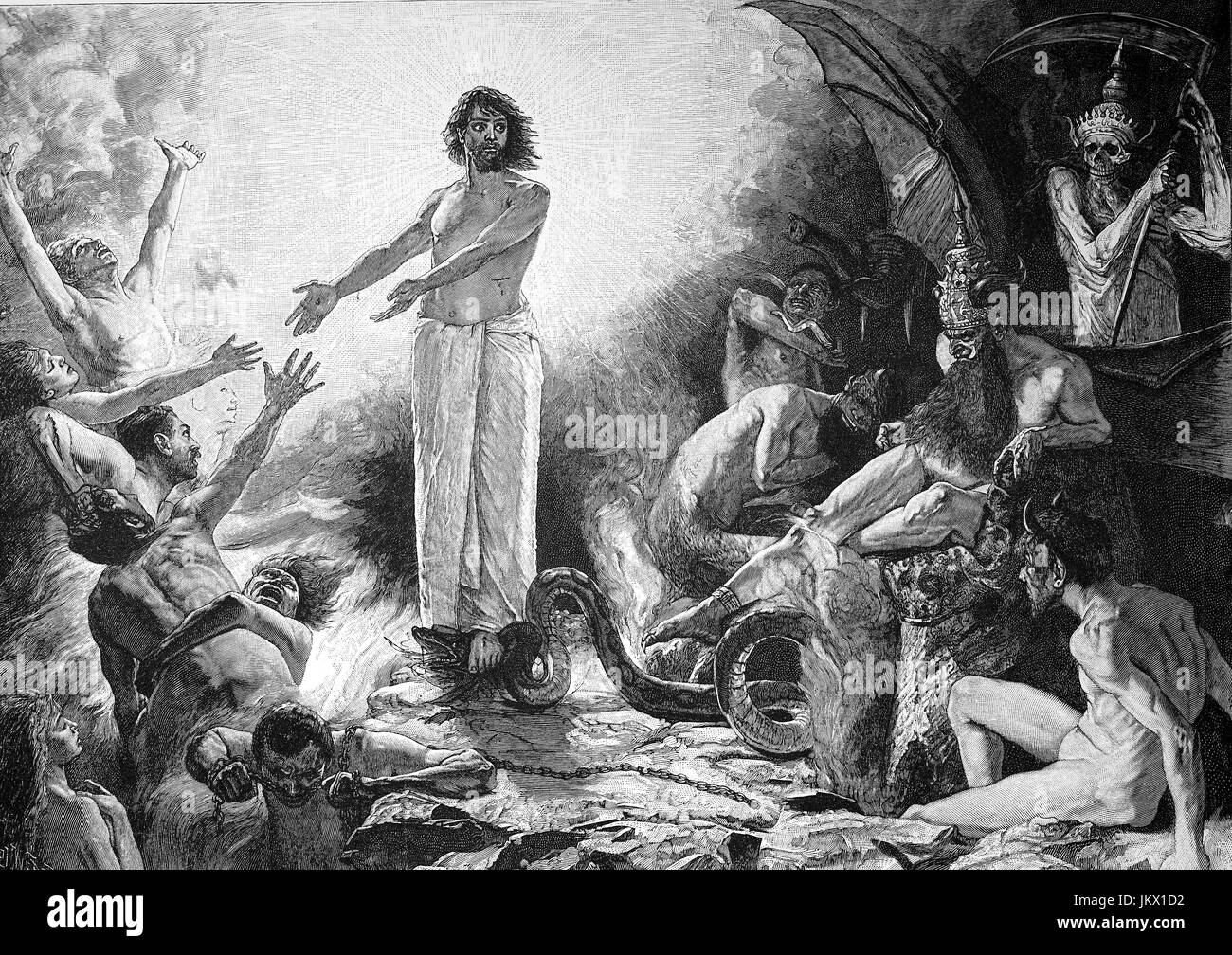 Miglioramento digitale:, Cristo nell'inferno, disegno da Sascha Schneider, la pubblicazione a partire dall'anno 1882 Foto Stock