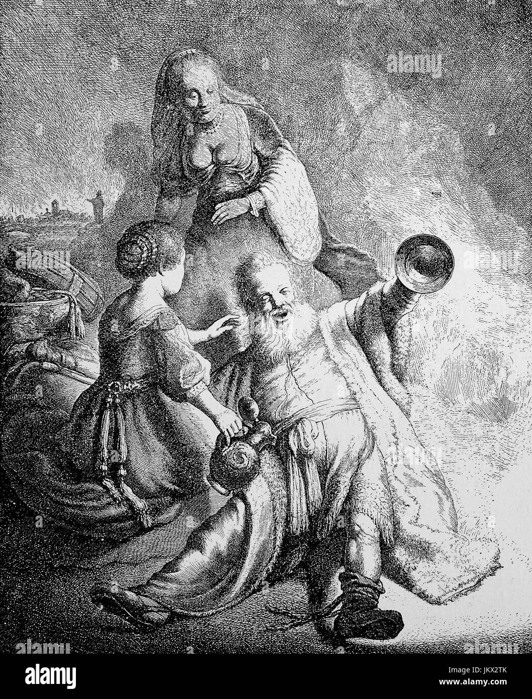 Miglioramento digitale:, Il drunken Loth, un ubriaco con due signore, incisione su rame di J. G. van Vliet dopo l'originale di Rembrandt, 1631, lotto era un patriarca nel Libro biblico della Genesi, la pubblicazione a partire dall'anno 1882 Foto Stock