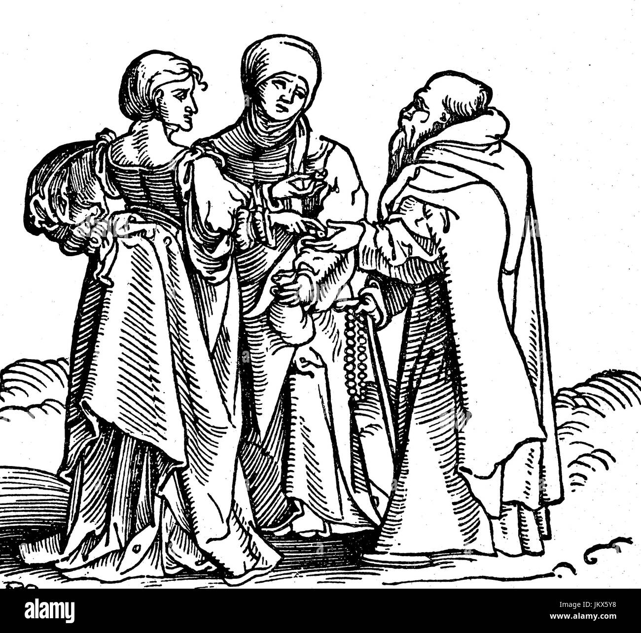 Miglioramento digitale:, l'accattonaggio monaco mendica per due donne, xilografia di Hans Sebald Beham, la pubblicazione a partire dall'anno 1882 Foto Stock