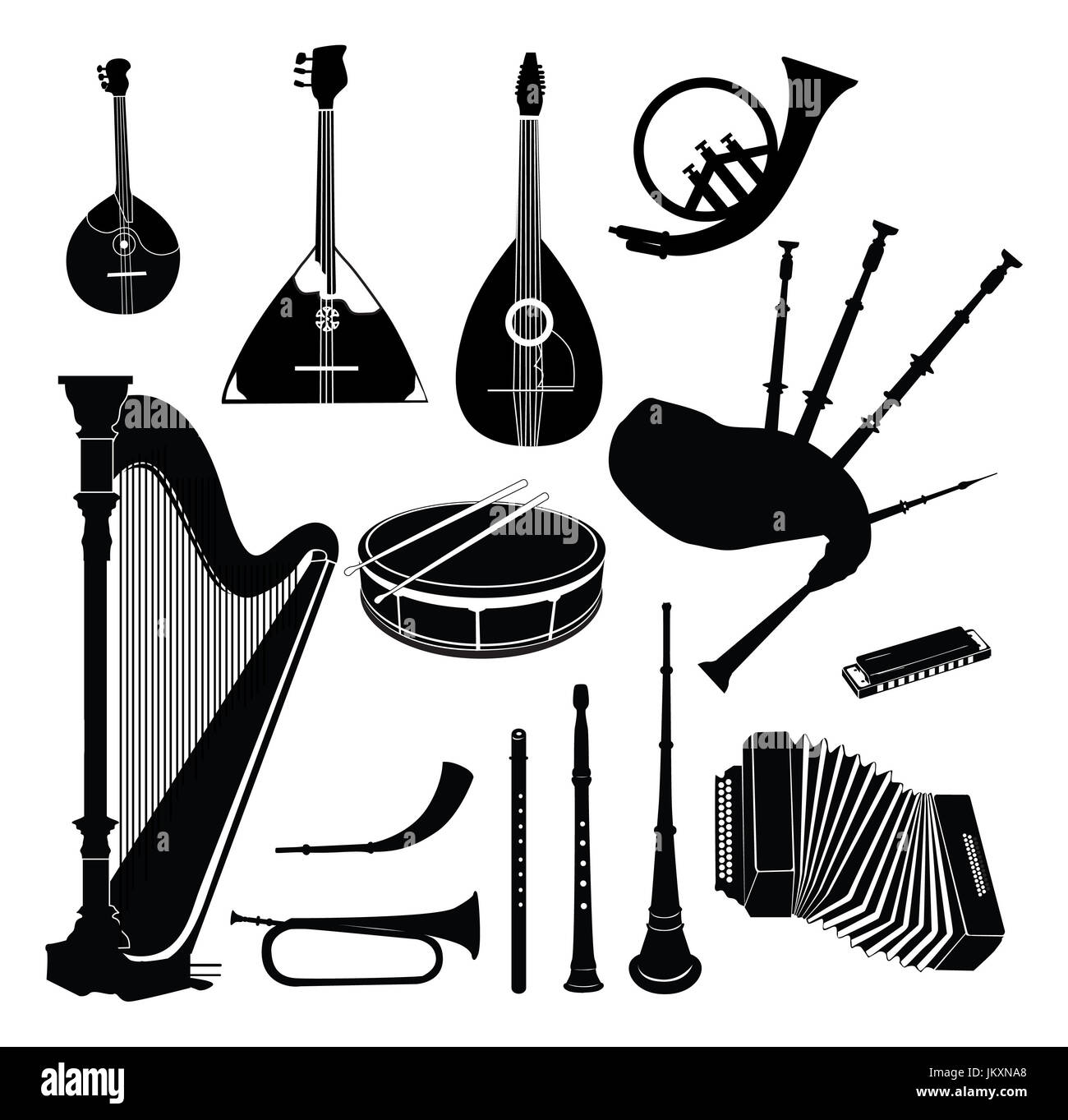 Strumenti di musica vector set. strumento musicale silhouette su sfondo bianco. Foto Stock