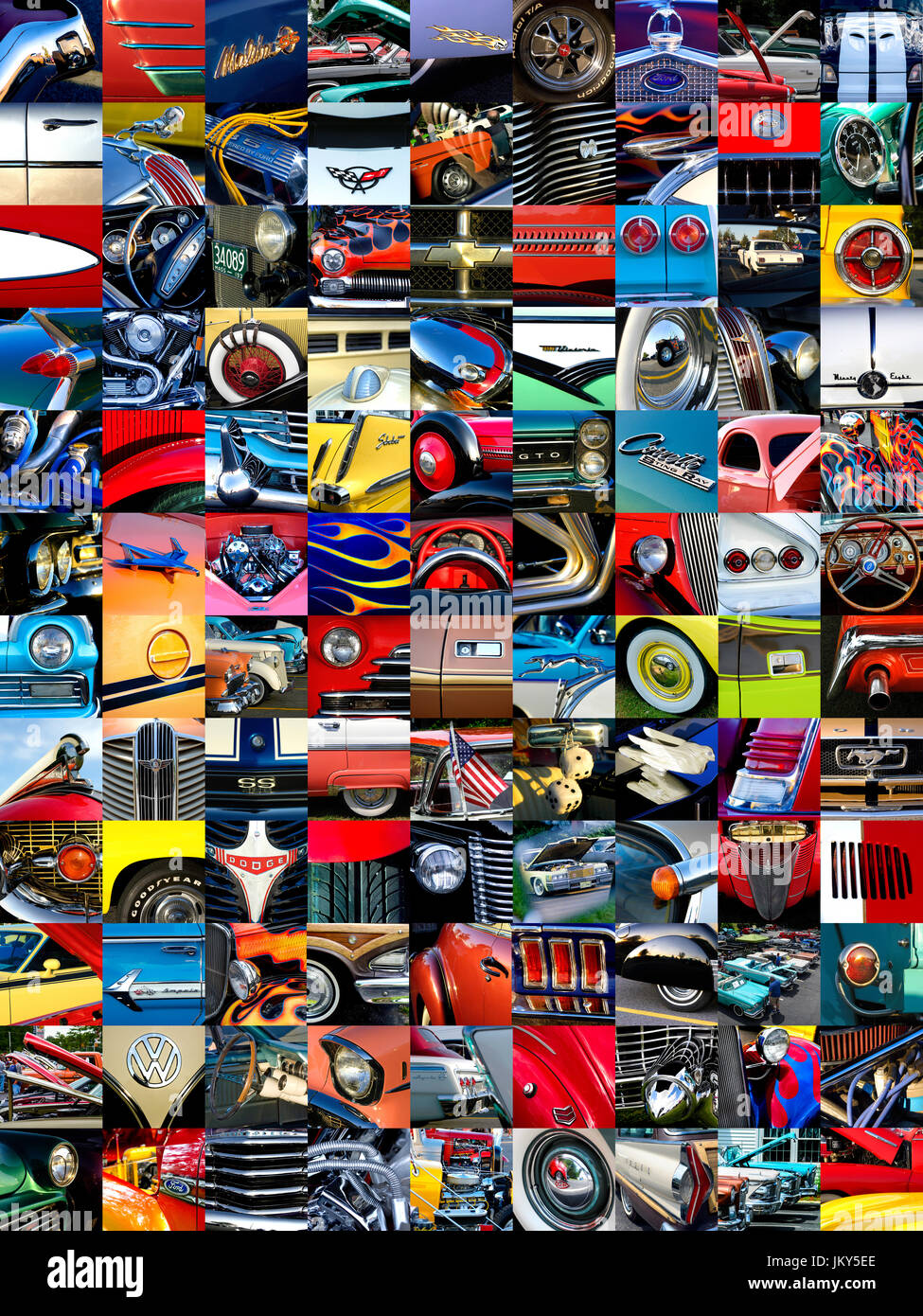 Un mosaico di singole foto di automobili e parti di automobili accumulati in anni di mostra auto e notti di crociera. Foto Stock