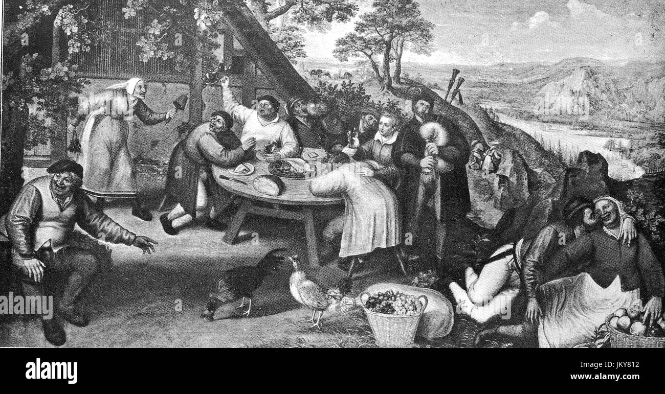 Miglioramento digitale:, davanti alla taverna, drunken uomo rotondo, un musicista e un paio di fronte all'inn, dipinto da Lucas van Valkenbroch, la pubblicazione a partire dall'anno 1882 Foto Stock