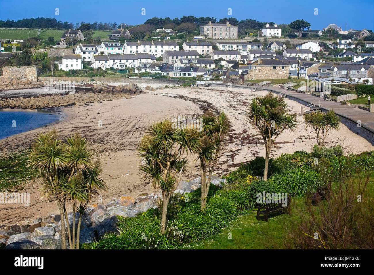 Spiaggia Porthcressa (bassa marea), la mattina presto, Hughtown, St Mary, isole Scilly, Cornwall, Inghilterra, Regno Unito. Foto Stock