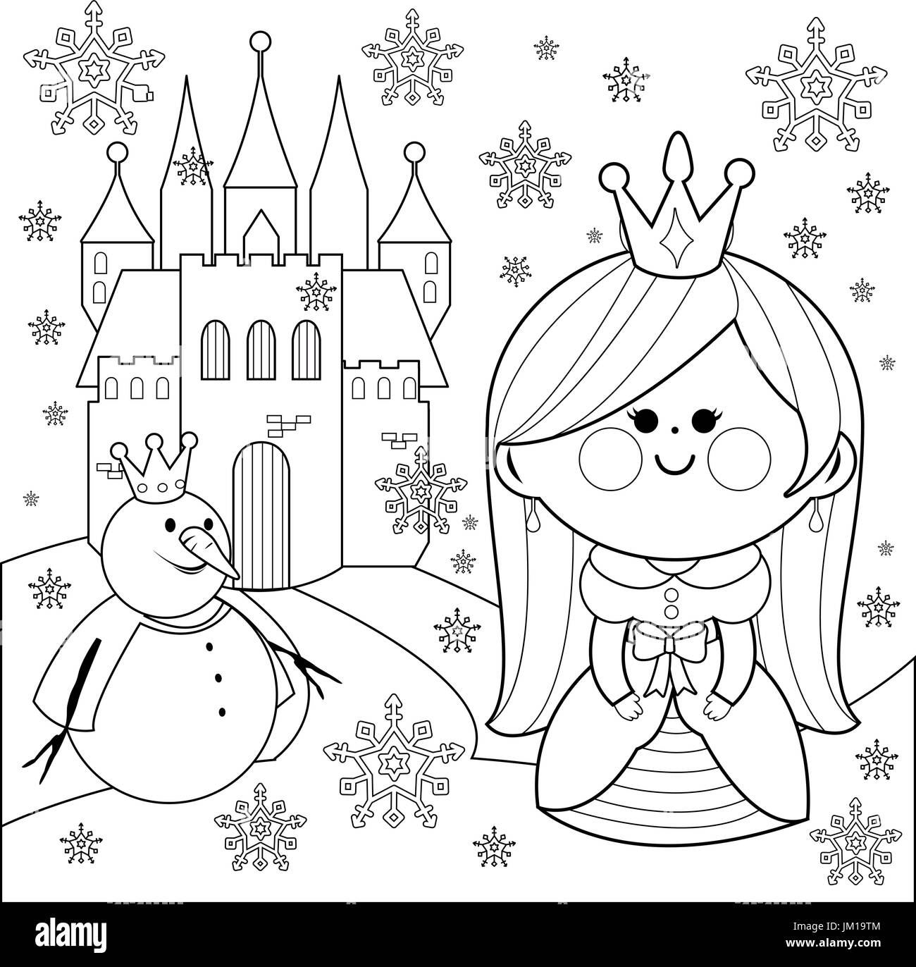 Principessa carina in un paesaggio invernale con un castello e un pupazzo di neve. Regina ragazza con fiocco di neve ghiacciata. Pagina di colorazione vettoriale in bianco e nero. Illustrazione Vettoriale