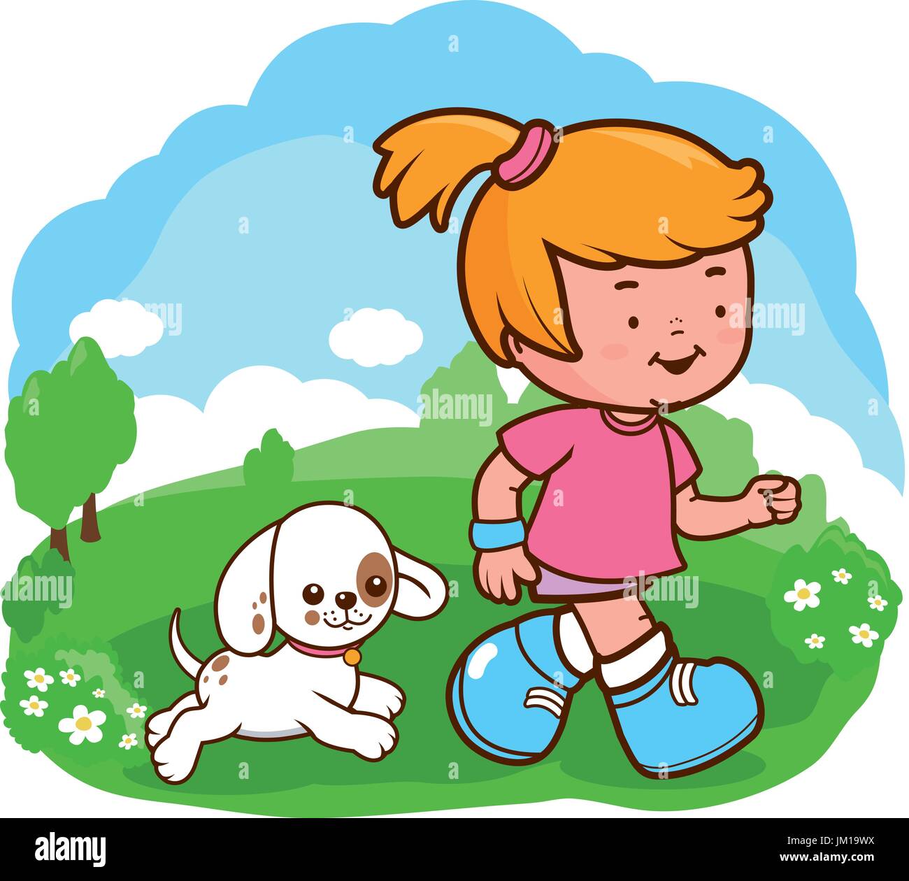 Una ragazzina e il suo cane in esecuzione presso il parco. Illustrazione Vettoriale Illustrazione Vettoriale