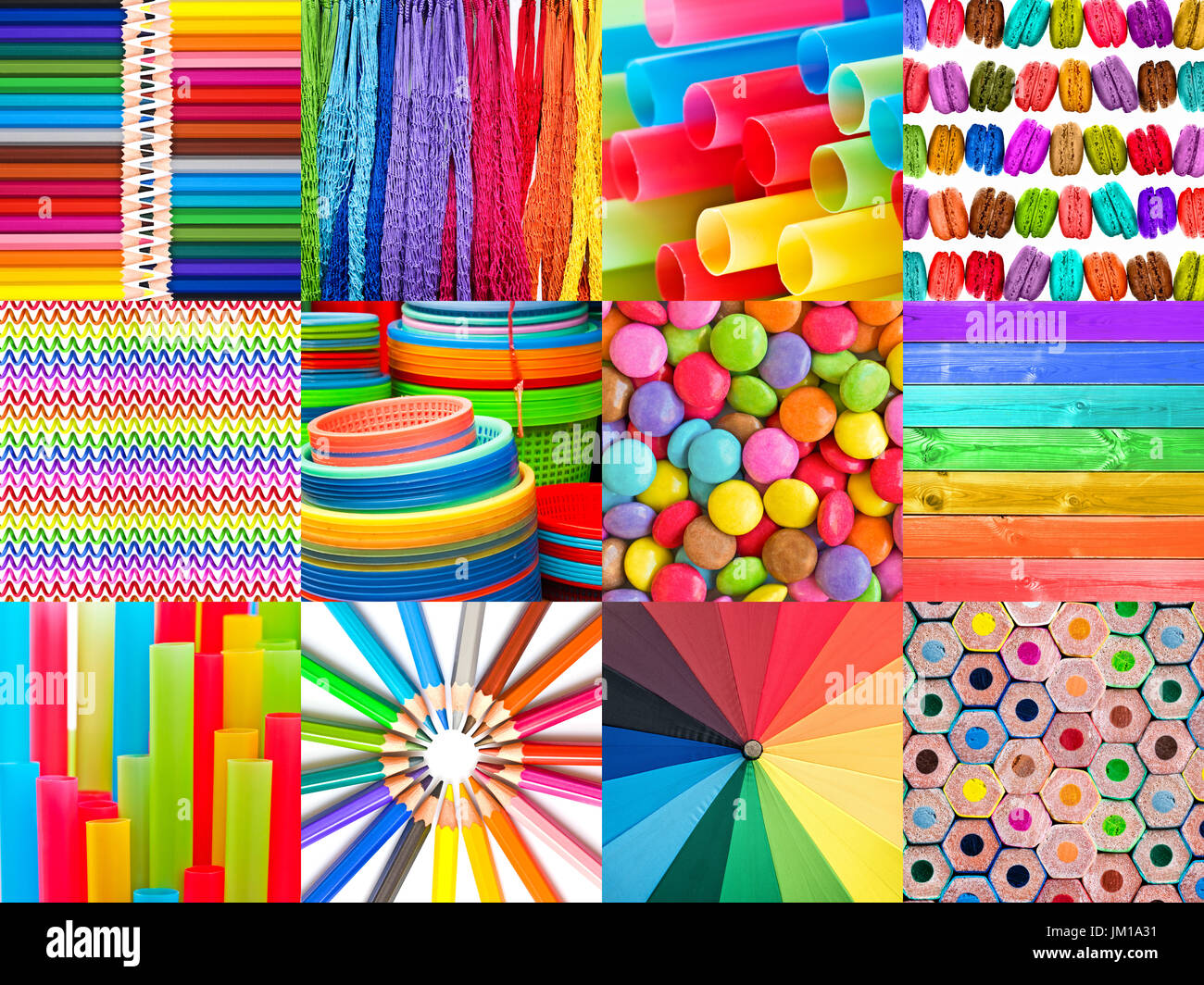 Arcobaleno colorato collage di foto, arcobaleno di colori sullo sfondo Foto Stock