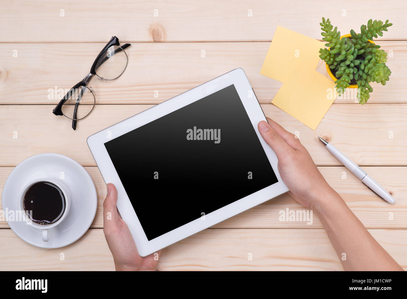 Compressa immagine d'intestazione. Office roba, workplace, vista dall'alto Foto Stock