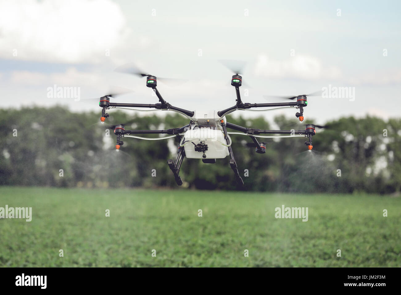 Agricoltura drone volare a irrorato fertilizzante su campi di riso. Foto Stock