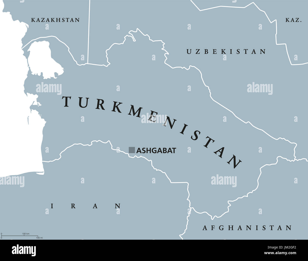 Turkmenistan mappa politico con capitale Aşgabat. Precedentemente noto come Turkmenia, un paese in Asia centrale sul Mar Caspio. Illustrazione di grigio. Foto Stock