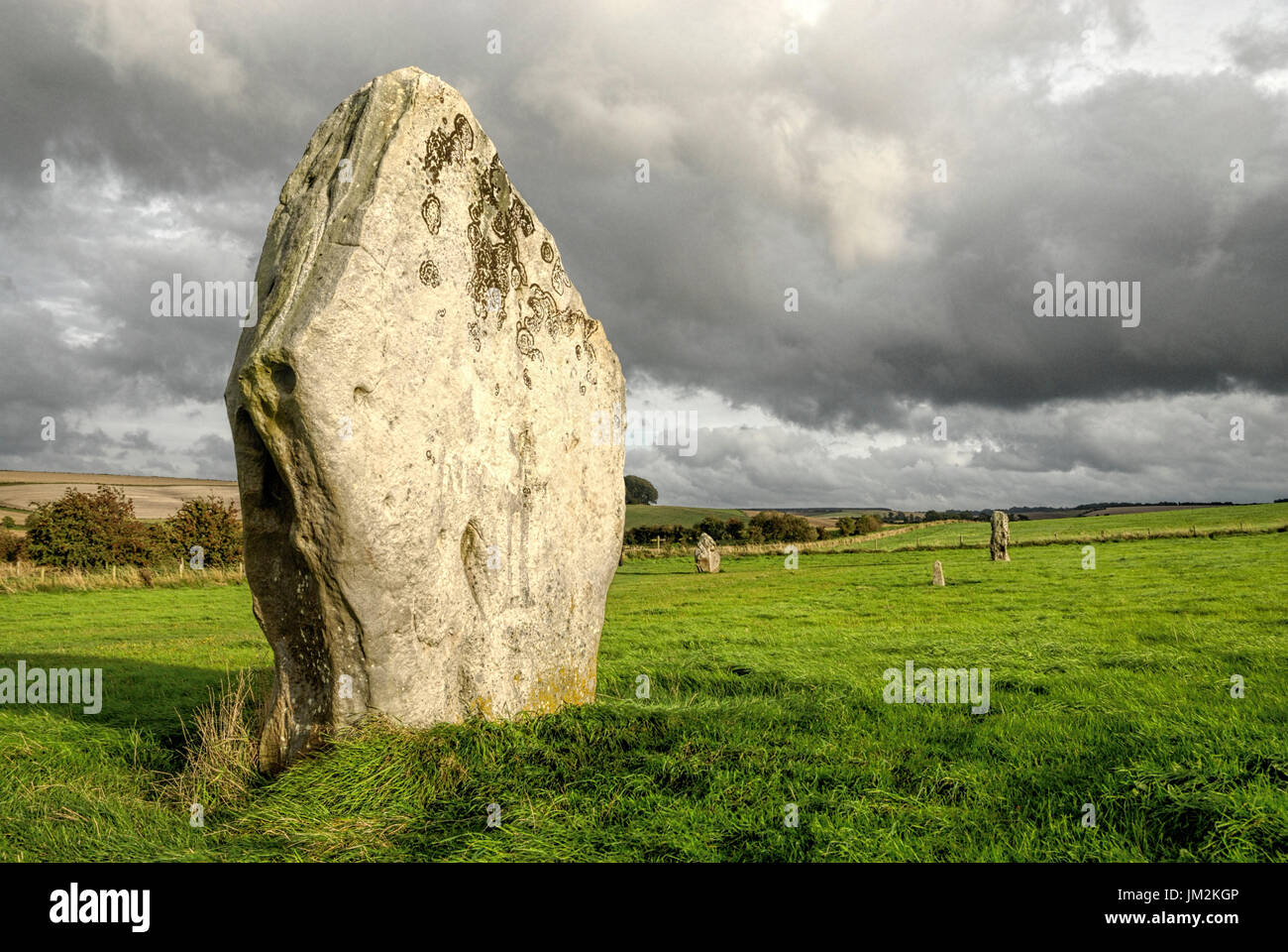Monolitica pietra permanente facente parte di un antico processionale viale che conduce a e da Avebury Stone Circle nel Wiltshire, Inghilterra. Foto Stock