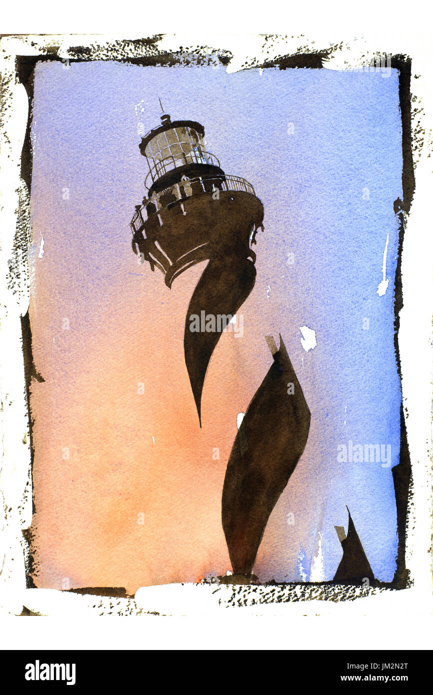 Arte pittura ad acquerello w/ faux photo confini di Cape Hatteras lighthouse- Outer Banks, Carolina del Nord Foto Stock