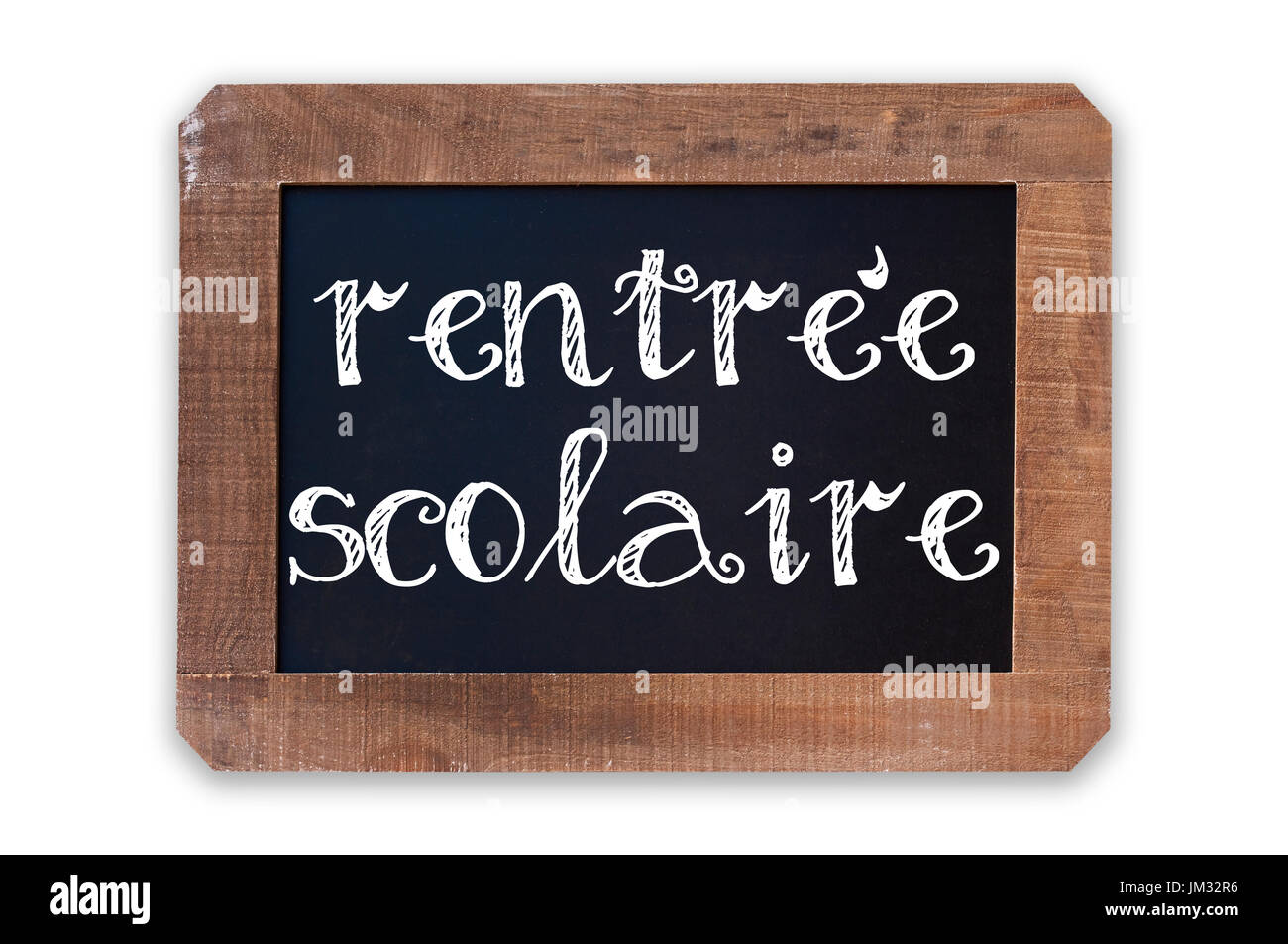 Rentree scolaire (significato il ritorno a scuola) scritto su una lavagna vintage con cornice in legno isolato su sfondo bianco Foto Stock