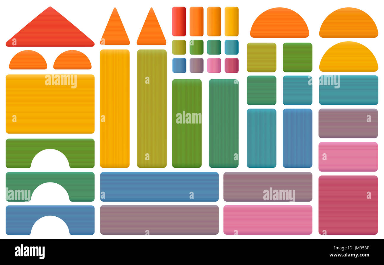 Kit di costruzione - colorata serie di blocchi giocattolo con mattoni, tetti, guglie e pilastri e gli archi - tutte le parti con texture di legno. Foto Stock