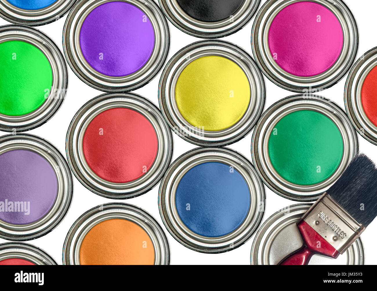 Barattoli di vernice di diversi colori con un pennello, dal di sopra Foto Stock