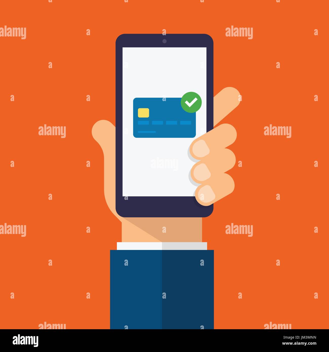 Il pagamento e la carta di credito su lo schermo dello smartphone. Mano trattiene lo smartphone. Moderno design piatto illustrazione. Illustrazione Vettoriale