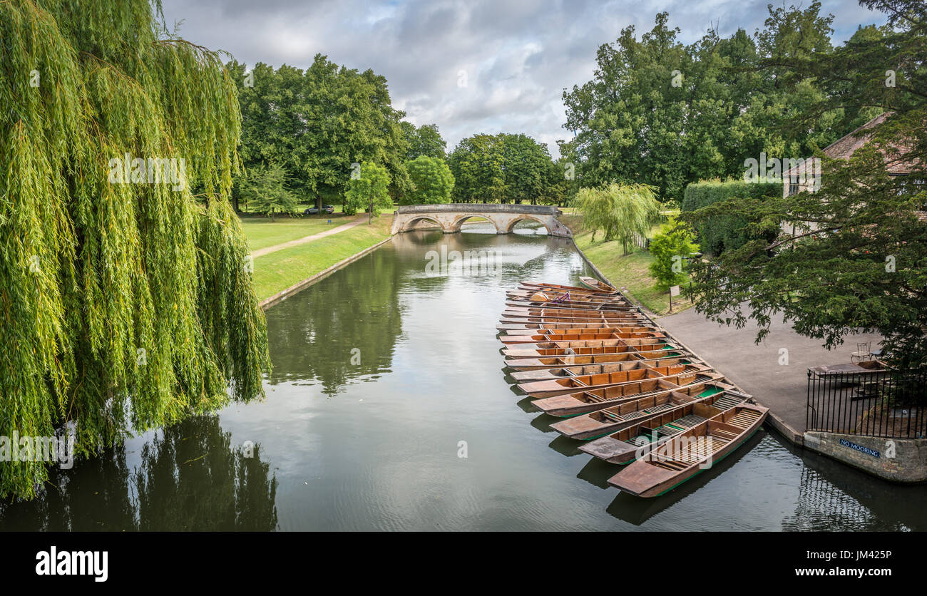 Barche ormeggiate sulle calme acque del fiume Cam in Cambridge city centre, Cambridgeshire, Regno Unito Foto Stock