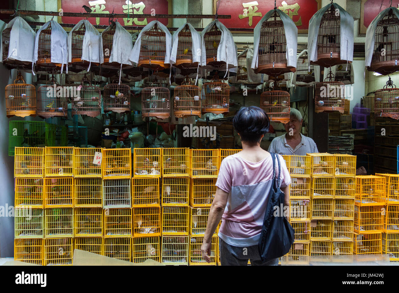 HONG KONG - Luglio 17, 2014: Il Po Yuen Street Bird Garden. Il cliente preleva l'uccello. Foto Stock