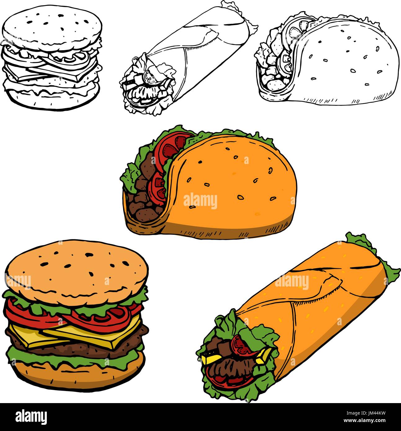 Burrito, taco, hot-dog disegnati a mano illustrazioni isolate su sfondo bianco. Gli elementi di design per il menu del ristorante, flyer, emblema . Illustrazione Vettoriale Illustrazione Vettoriale