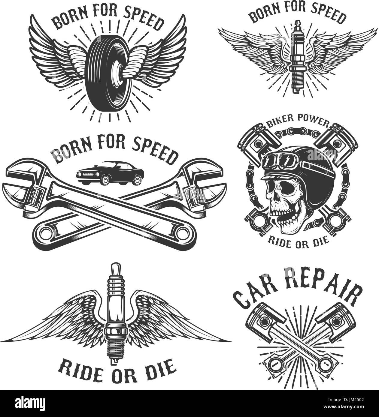 Set di riparazione auto e racing emblemi. Candela di accensione con ali, corridore cranio, pistoni e ruota. Gli elementi di design per il logo, l'etichetta, badge. Illustrati del vettore Illustrazione Vettoriale