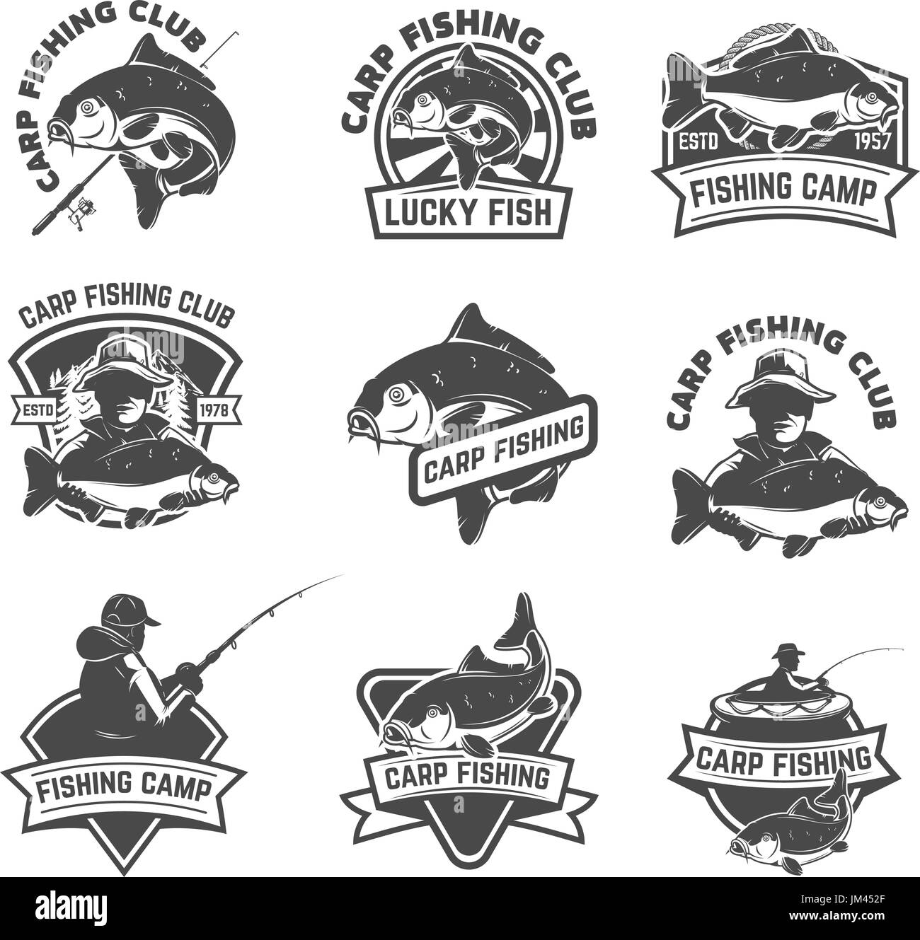 Set di carpa pesca etichette isolati su sfondo bianco. Gli elementi di design per il logo, albel, emblema, segno. Illustrazione Vettoriale. Illustrazione Vettoriale