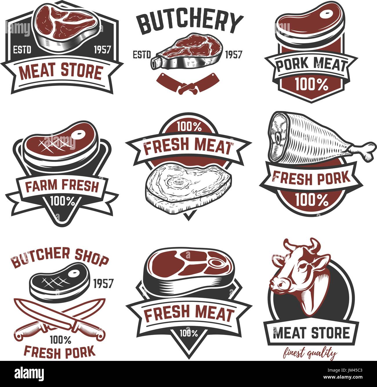 Set di carne conservare le etichette. Macelleria. Gli elementi di design per il logo, l'etichetta, emblema, segno, il marchio. Illustrazione Vettoriale. Illustrazione Vettoriale