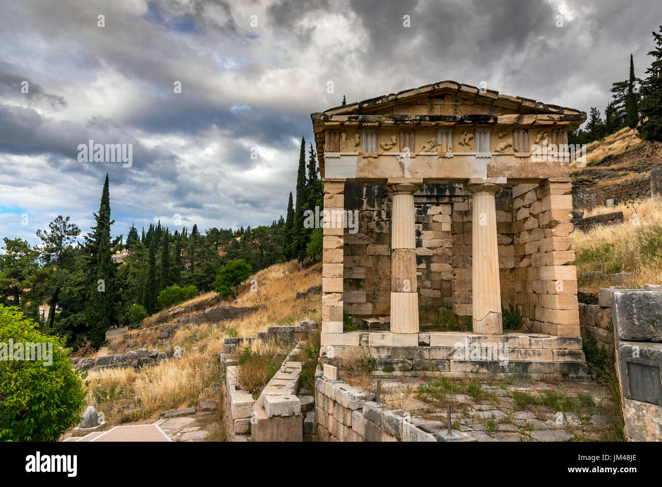Tesoro Ateniese, Delphi, Grecia centrale, Grecia Foto Stock