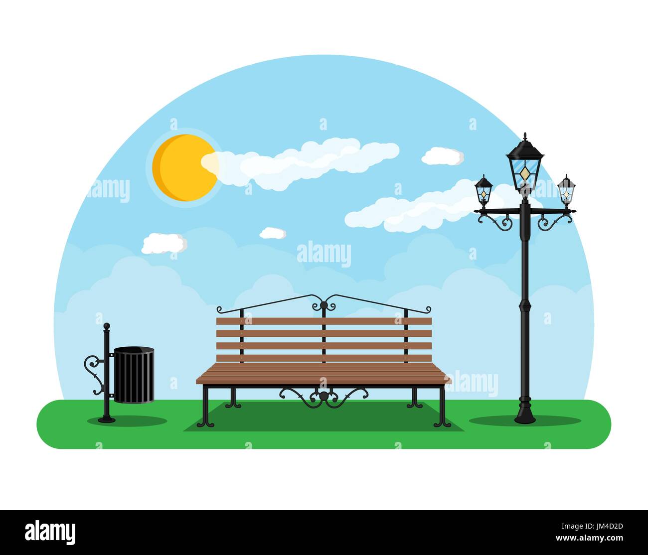 Il parco della città concetto, panca in legno, lampione bidone dei rifiuti in piazza. Cielo di nuvole e sole. Tempo libero in estate il parco della città. Illustrazione Vettoriale in f Illustrazione Vettoriale