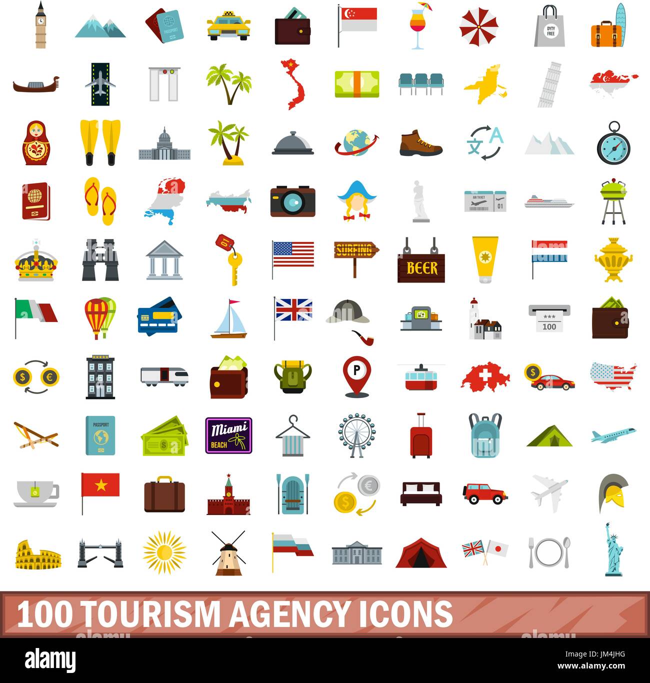 100 agenzia turismo set di icone di stile di Piana Illustrazione Vettoriale