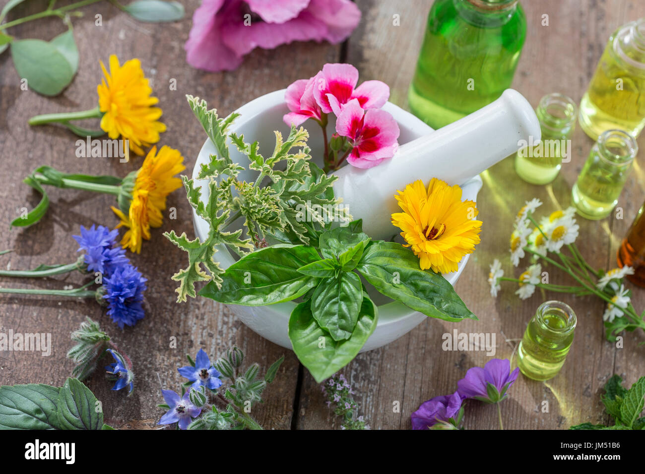 Oli essenziali per un trattamento di aromaterapia con erbe fresche in un mortaio sfondo bianco Foto Stock