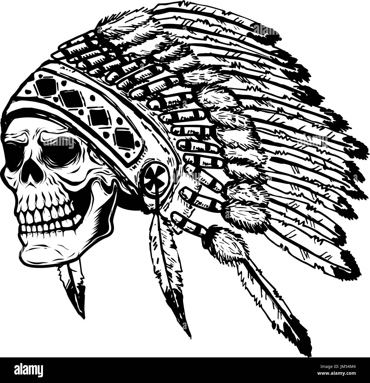 Cranio in native american indian chief copricapo. Elemento di design per poster, t-shirt. Illustrazione Vettoriale. Illustrazione Vettoriale