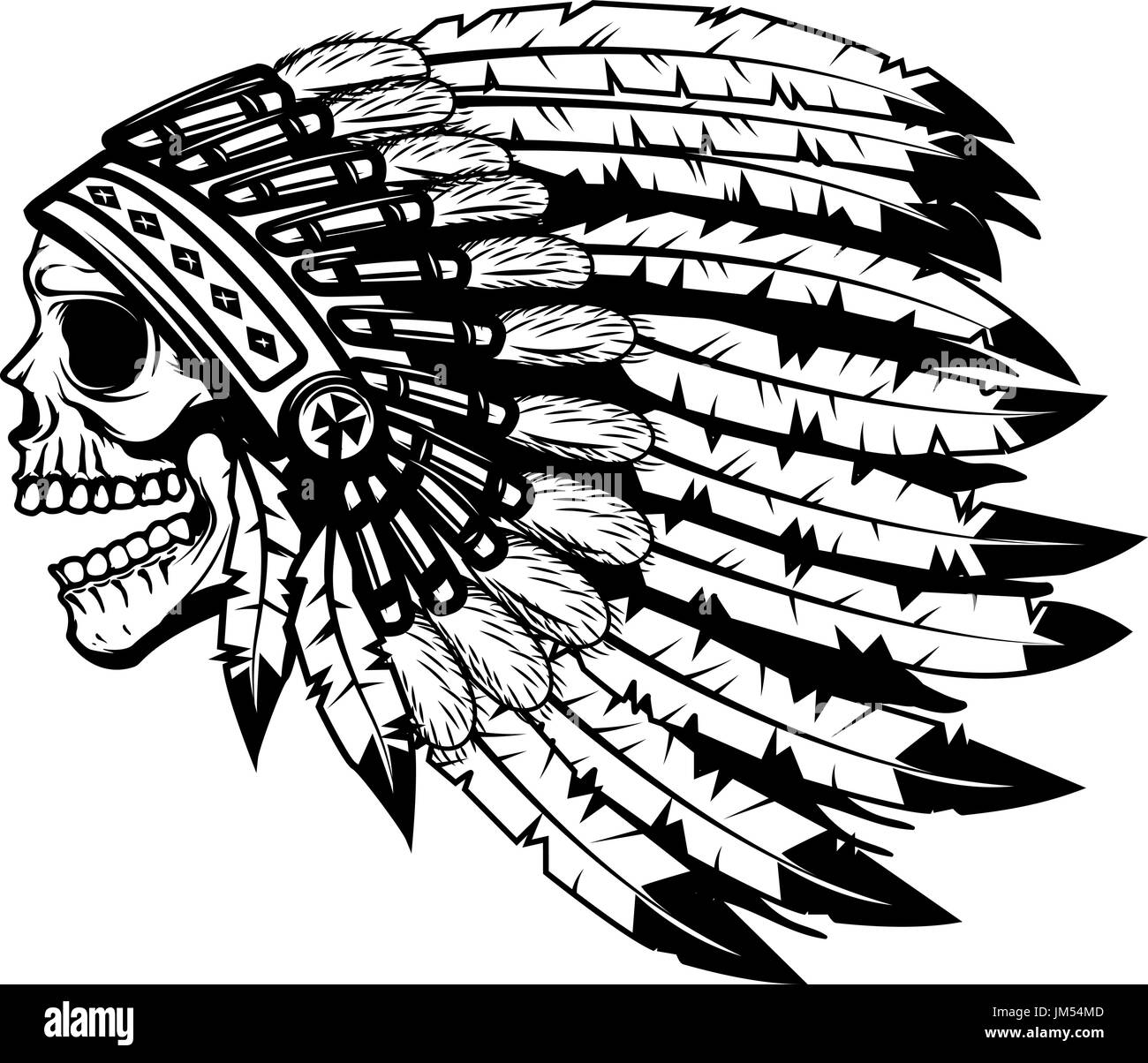 Cranio in native american indian chief copricapo. Elemento di design per poster, t-shirt. Illustrazione Vettoriale. Illustrazione Vettoriale