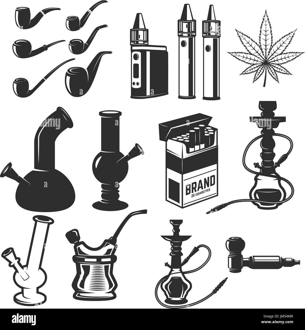 Set di attrezzature per fumatori. Bongs, vapes, pipe, narghilè. Gli elementi di design per l'etichetta, emblema, segno. Illustrazione Vettoriale Illustrazione Vettoriale